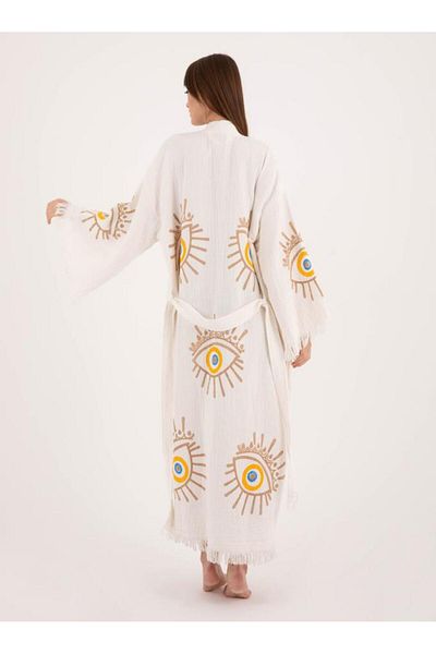 LaraLisa Collection 4 Layers Natural Muslin Cotton Fabric Chemical Treatment Unprocessed Hand Printed Kaftan Kimono Peshtemal Bathrobe