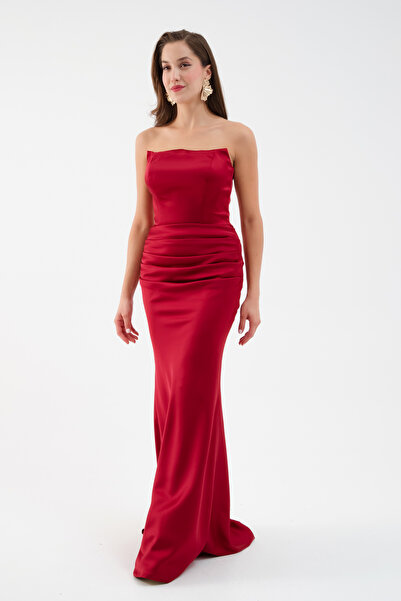 Lafaba Kadın Bordo Straplez Uzun Saten Söz Nişan Abiye Elbise