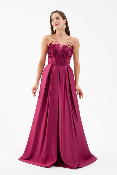 Lafaba Women's Plum Chest Detail Long Satin Evening Dress