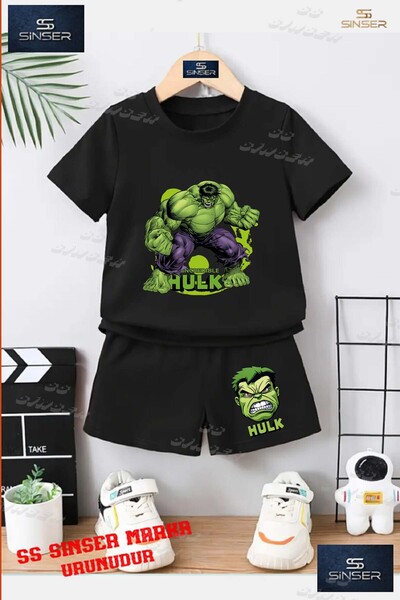 SS SİNSER Çocuk UNISEX “HULK EL SIKAN YESIL TUVAL“ Özel Baskılı Bisiklet Yaka Tişört - Şort Takım