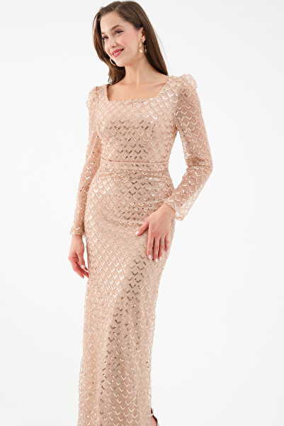 Lafaba Kadın Bej Kare Yaka Uzun Kollu Boncuklu Uzun Abiye Elbise