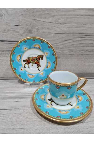 FERMATO 4 Piece Porcelain Turkish Coffee Cup Set for 2 People Cavallo Series