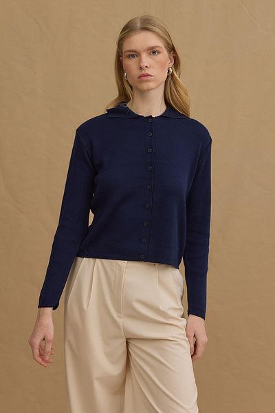 Fahhar Viscone Buttoned Polo Neck Knitwear Sweater Navy Blue