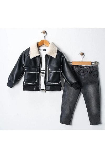 Pina Kids Boy's Leather Jacket and Jeans Pants Penyeli Triple Suit Tkm.Yy01