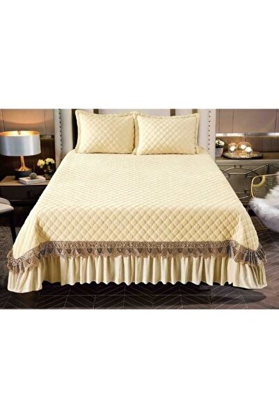 Mercaton Set 3 Piese de Lux, Cuvertura de Pat din Catifea cu Broderie, Matlasata, 230x250 cm si 2 Fete de Per