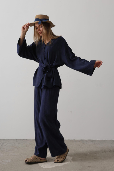 VAGGON Women's Navy Blue Tie-Waist Tunic and Tie-Waist Pants Set Vs00562