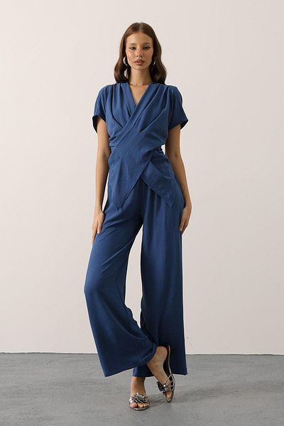 VAGGON Women's Indigo Asymmetrical Cut Blouse and Elastic Waist Pants Set Vs00634