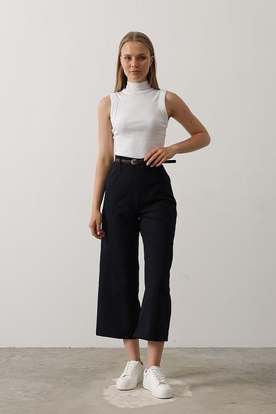 VAGGON Women's Dark Blue Belted Pants with Clip Detail and Zipper Vs00533