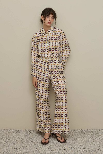 Fahhar Geometric Patterned Shirt Suit Ecru