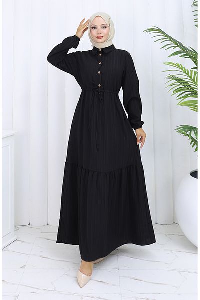 sefamerve Button Dress with Tie-Up at the Waist 0127-01 Black