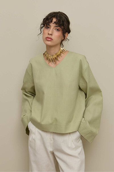 Fahhar Wide Sleeve Linen Top Light Green