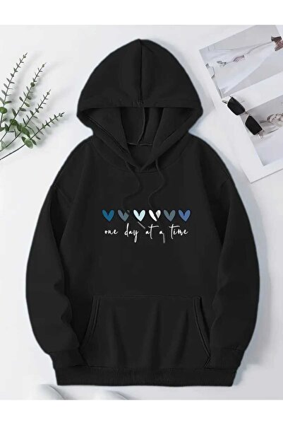 caddekombin Hanorac negru din bumbac cu buzunar cu glugă imprimat One Day At Time