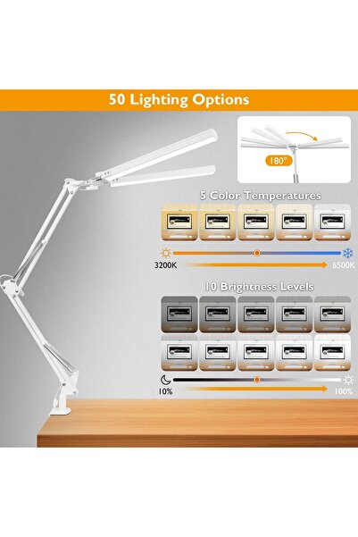 LittleDomi Lampa de birou LED, LittleDomi, Brat Oscilant cu Clema sau Suport, Inaltime Ajustabila, 3 Moduri de