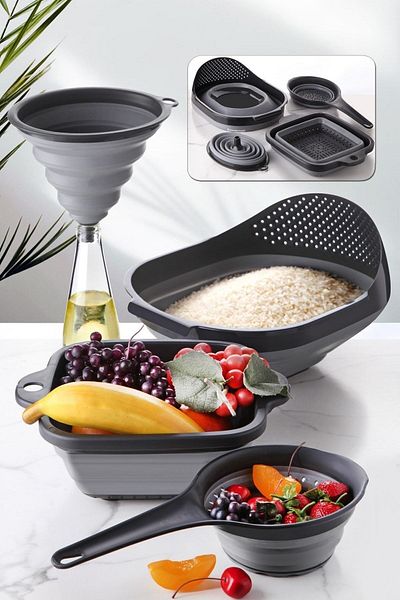 Comprox 4-Piece Accordion Folding Strainer Set - Kitchen Dowry Set (Accordion Handle Rice Strainer Funnel Gray)
