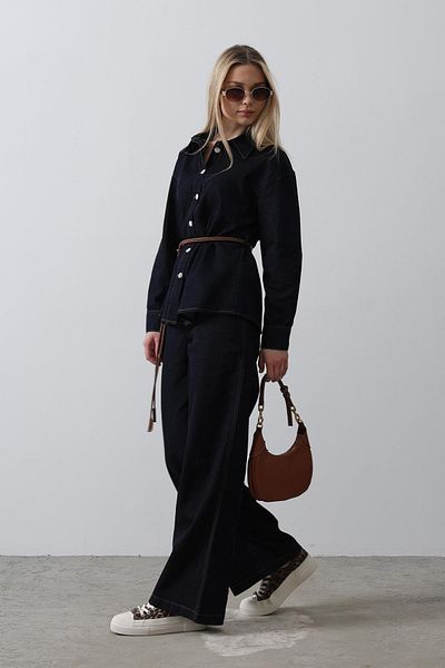 VAGGON Women's Blue Belted Shirt and Pants Denim Suit Vs00505