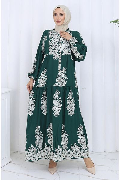 sefamerve Rochie din țesătură viscoză cu jumătate de nasturi 2117-05 verde smarald