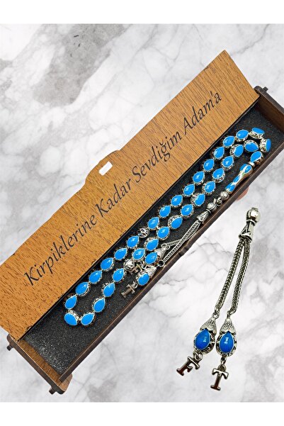 KANUNİ TESBİH Metal Prayer Beads in Turquoise Color with Letter Detail in Woo...