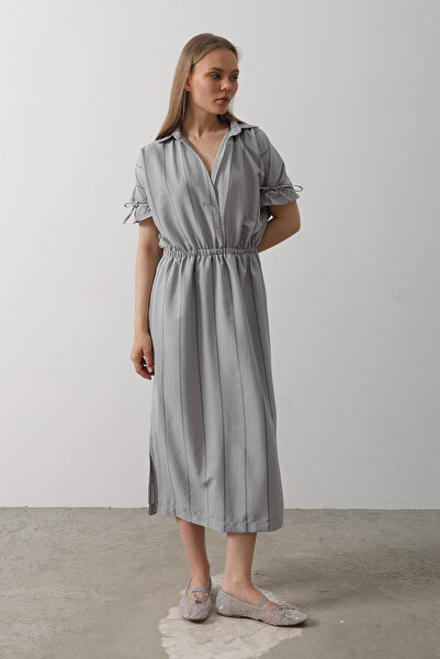 VAGGON Γυναικείο γκρι πουκάμισο με ριγέ φόρεμα με ελαστική μέση και μανίκια Vs00564