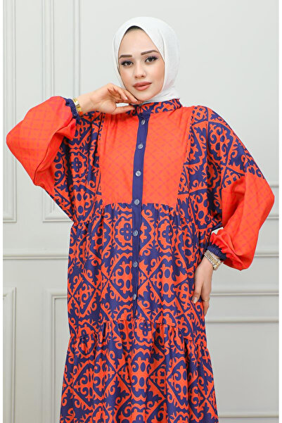 sefamerve Ethnic Patterned Hijab Dress 0302-03 Orange