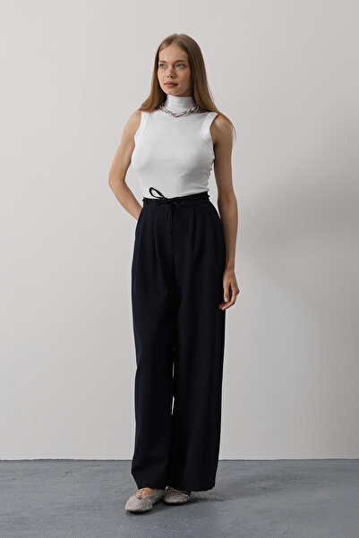 VAGGON Women's Dark Blue Double Pocket Pleated Lace Oversize Trousers Vs00534