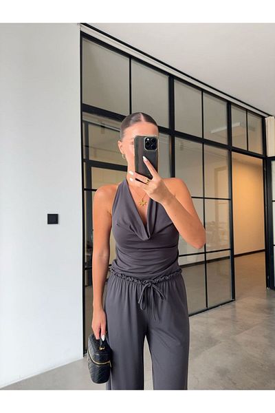 BB Bensu Buyruk Anthracite Halter Collar Dressed Bluz Pant Modal Set