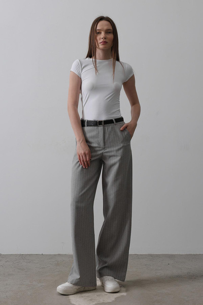 VAGGON Kadın GRİ-BEYAZ Çift Cepli Kemerli Çizgili Palazzo Pantolon VS00535