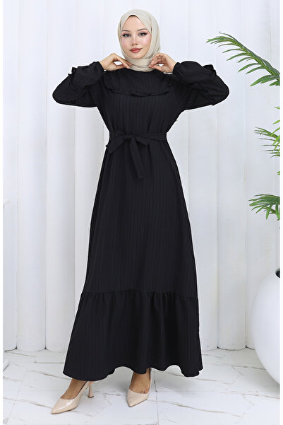 sefamerve Fırfırlı Kuşaklı Elbise 2116-04 Siyah
