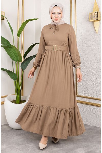 sefamerve Rochie Hijab cu detaliu curea 0220-08 Mink