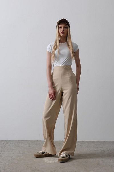 VAGGON Women's Camel Double Pockets Waist Half Elastic Palazzo Pants Vs00528