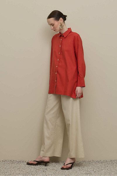 Fahhar Lyocell Linen Thick Folded Shirt Red