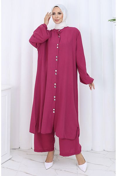 sefamerve Pantaloni tunică cu nasturi înalți Set dublu 2114-03 Cireș