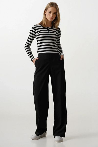 VAGGON Women's Black Double Pocket Waist Half Elastic Palazzo Pants Vs00528