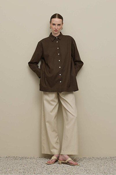 Fahhar Лиоцелль Лляна Толстая Складная Рубашка Коричневая