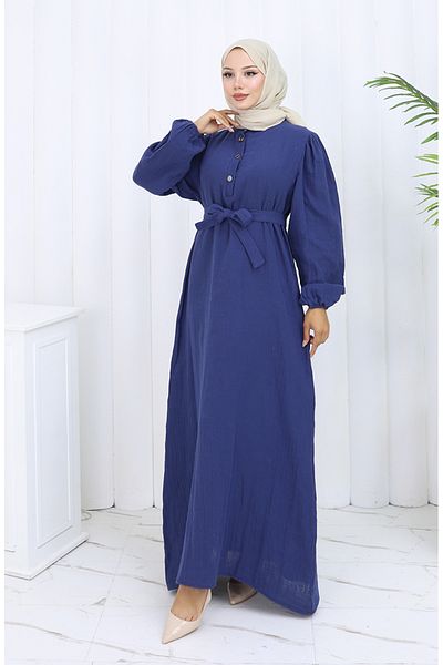 sefamerve Belted Dress with Elastic Sleeves 2112-02 Navy Blue