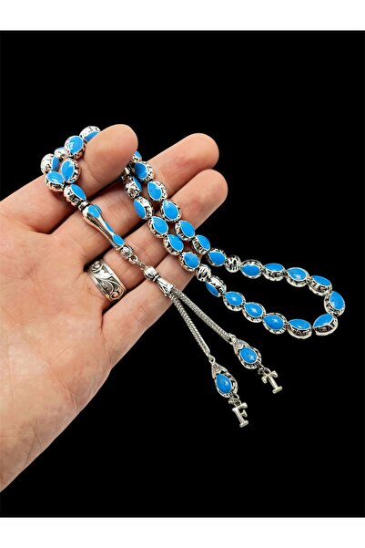 KANUNİ TESBİH Mărgele de rugăciune din metal în culoare turcoaz în cutie de lemn, cu detaliu de litere