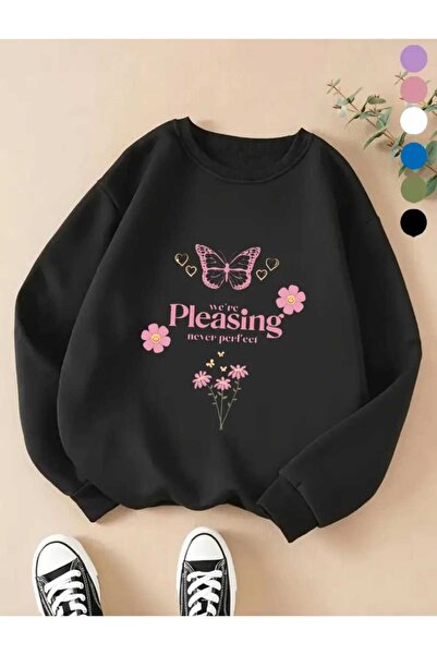 caddekombin Μαύρο φούτερ με λαιμόκοψη με στάμπα We're Pleasing