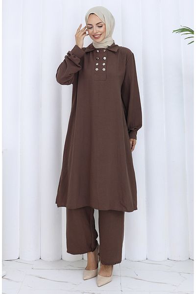 sefamerve Pantaloni tunică cu nasturi dublu Set de două piese 2118-02 maro