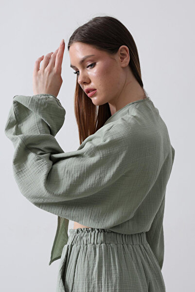 VAGGON Women's Khaki Front Tie Detailed Long Sleeve Blouse Vs00455