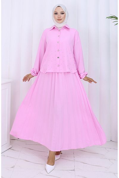 sefamerve Stoned Buttoned Tunic Skirt Double Set 2115-04 Pink