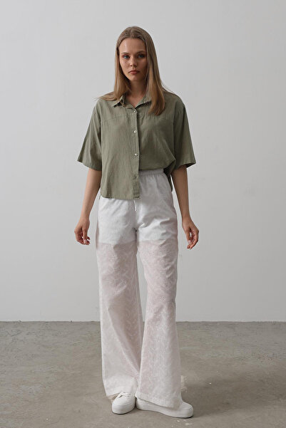 VAGGON Women's White Tie-Waist Brode Pants Vs00559