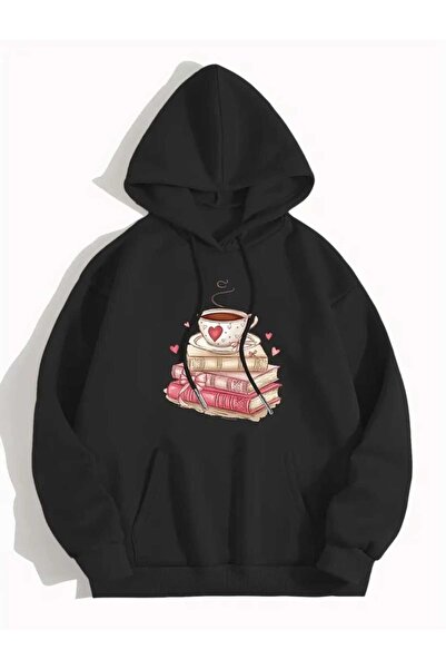 caddekombin Hanorac negru din bumbac cu glugă și buzunar cu imprimeu Coffee & Books