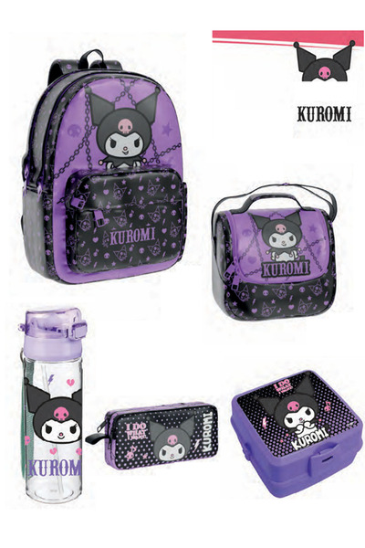 WİGGLE Kuromi First School Bag Set - Original Licensed / Purple Black All Fabric Leather - Lunch + Water Bottle