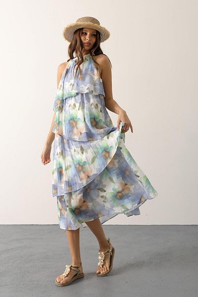 VAGGON Women's Blue Printed Collar Detailed Layered Dress Vs00625
