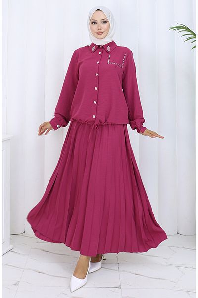 sefamerve Stoned Button Shirt Skirt Double Suit 2113-04 Fuchsia