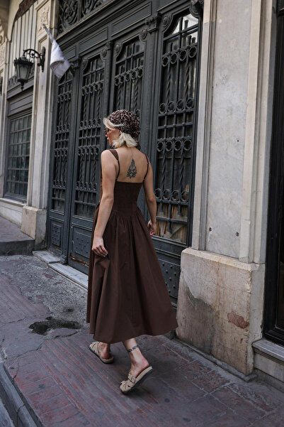 VAGGON Γυναικεία Καφέ Φούστα με Ζαρτιέρες Πλισέ Μάξι Φόρεμα Vs00624