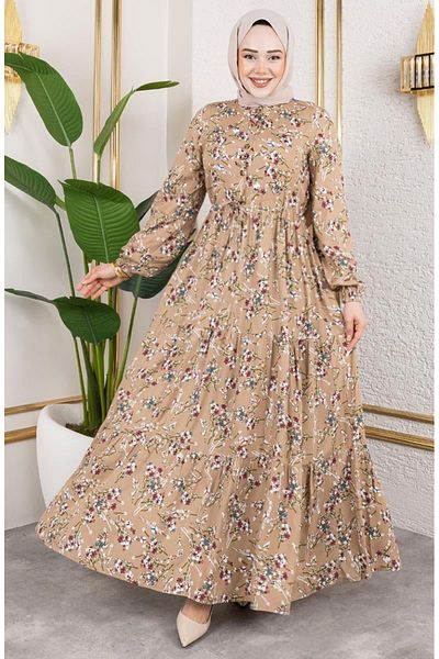 sefamerve Rochie din viscoză cu șireturi la talie 7122-06 Mink