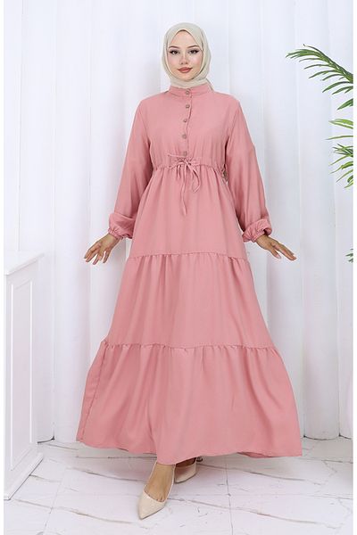 sefamerve Button Dress with Tie-Up at the Waist 0128-06 Dusty Rose