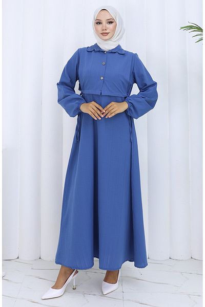 sefamerve Buttoned Vest Dress Double Suit 2119-02 Indigo