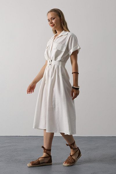 VAGGON Women's White Belted Pocket Detail Half Sleeve Dress Vs00581