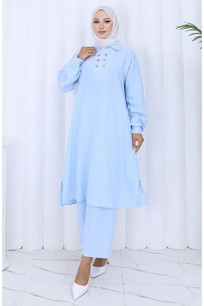 sefamerve Pantaloni tunică cu nasturi dublu Set de două piese 2118-04 Albastru